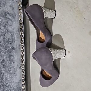 Grey Glitter Block Heels Pumps